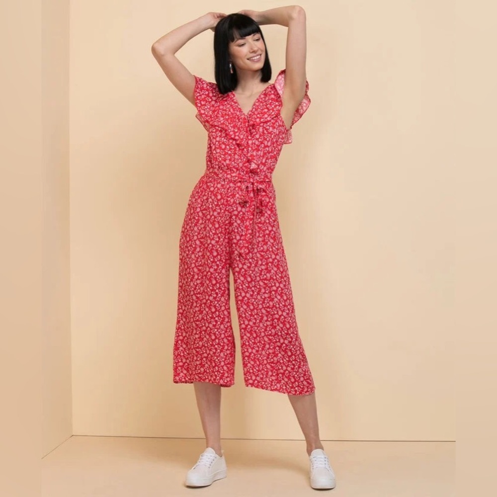Luxology Ruffle Sleeve Red Floral One Piece Jumpsuit Romper